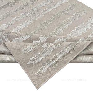 Hand knotted ivory and silver abstract wool silk rug, modern textured area carpet for living room, handmade luxury floor covering design