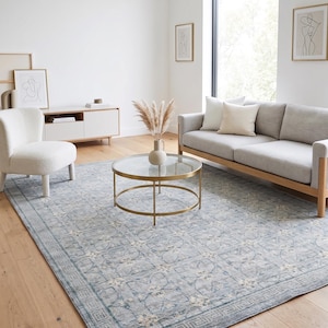 Steel Blue Geometric Hand Knotted Wool Rug Modern Transitional Bedroom Area Rug Soft Gray
