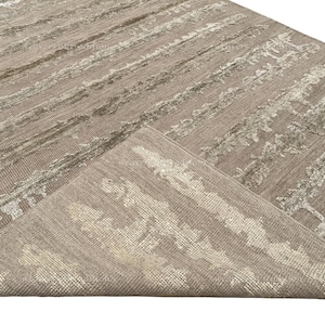 Hand knotted beige abstract wool and silk rug, modern textured area carpet for living room, contemporary handmade luxury floor covering