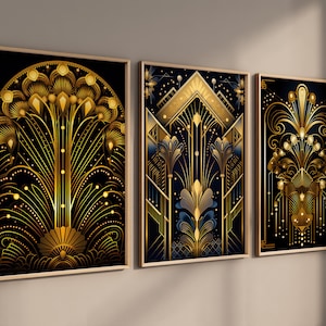 Set of 3 Black and Gold Art Deco Wall Art, 3 Piece Wall Art Set, 1920s Stylish Art Deco Print Poster, Unframed, A4 A3 A2 A1 US Print Sizes