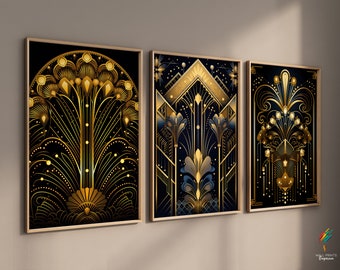 Set of 3 Black and Gold Art Deco Wall Art, 3 Piece Wall Art Set, 1920s Stylish Art Deco Print Poster, Unframed, A4 A3 A2 A1 US Print Sizes