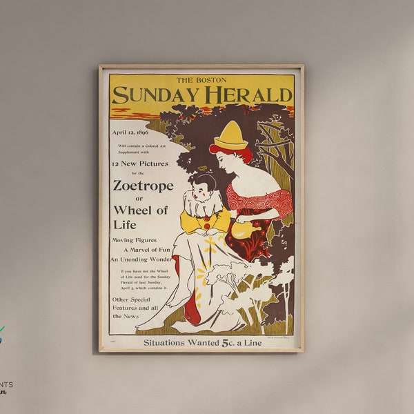 1900s Boston Herald Print Poster, Art Nouveau Newspaper Art Print, Retro USA Wall Art, Vintage Magazine Cover, Unframed A4 A3 A2 A1 US Sizes