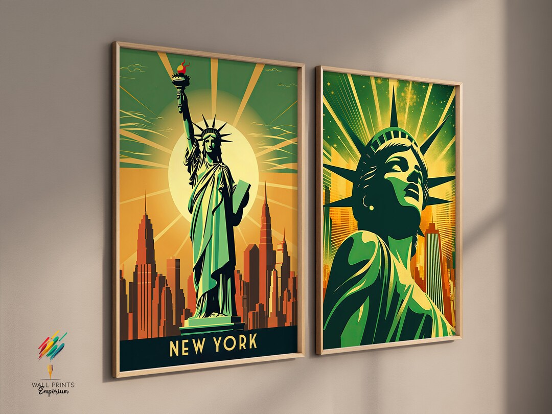 2 Piece 1920s Vintage Art Deco Travel Poster, New York Printable, Statue of Liberty Art Print