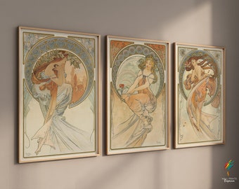 3 Piece Alphonse Mucha wall art, Vintage Tarot Goddess Art Print, Art Nouveau Fairy, Art Deco Poster, Unframed, A4 A3 A2 A1 US Print Sizes