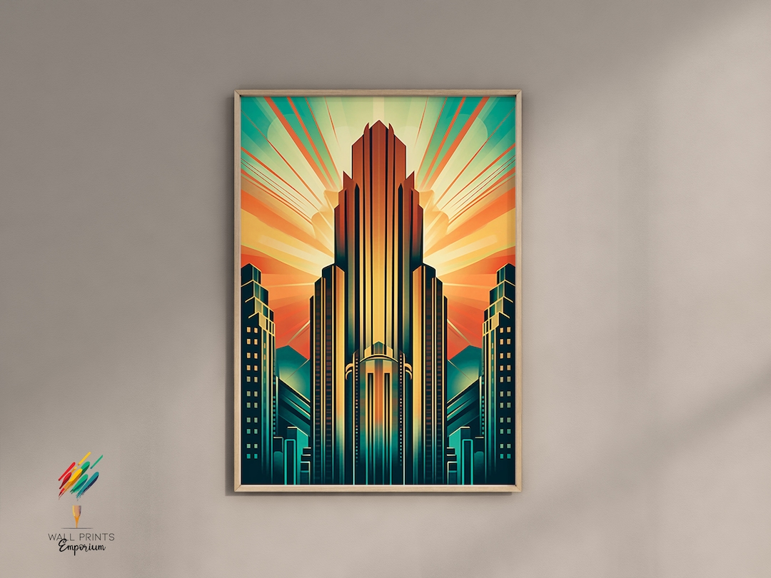 Klassische Art-Deco-Skyline Digitaldruck, lebendige Art-Deco-Wandkunst ...