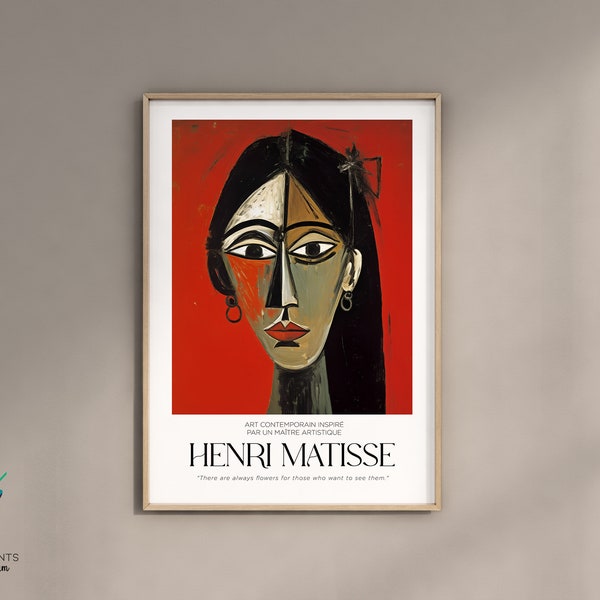 Matisse Inspired Red Female Portrait Art Print, Feminine Wall Art, Above Bed Artwork, Artwork Gift For Her, Unframed A5 A4 A3 A2 A1 US Sizes