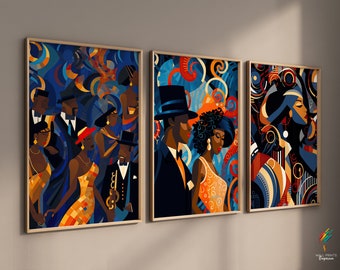 Instant Download, Harlem Renaissance Print 3 Piece Wall Art Poster Set, 1920s Jazz Art Deco set of 3 Prints, Art Deco Digital Download