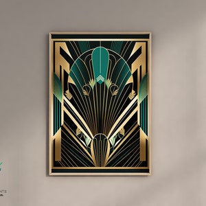 Stylish Green Gold Black Art Deco Artwork, Roaring 20s Wall Art, 1920s Wall Decor, Art Prints Popular, Unframed A5 A4 A3 A2 A1 US Sizes