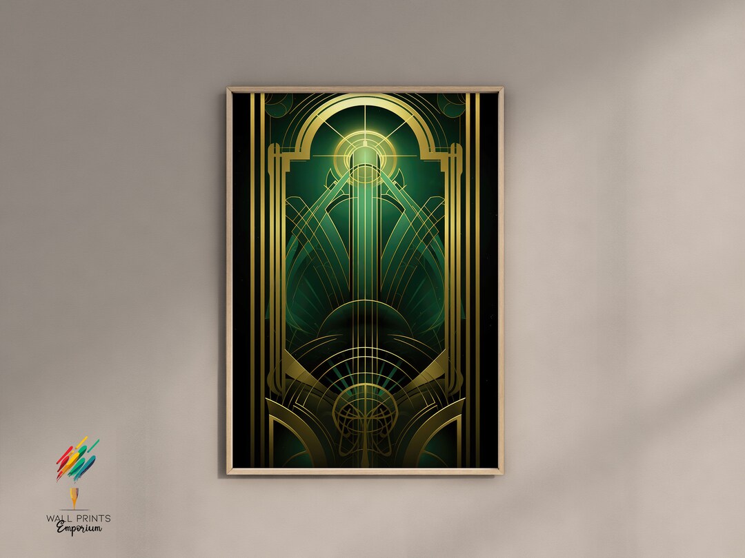 Print at Home, Gold Green Art Deco Wall Art, Vintage Poster, Bedroom