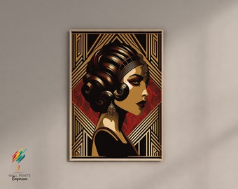 Black and Gold Art Deco Print, Female Art Deco Wall Art, 1920s Vintage Art Deco Poster, Gallery Wall Art Unframed, A5 A4 A3 A2 A1 & US Sizes