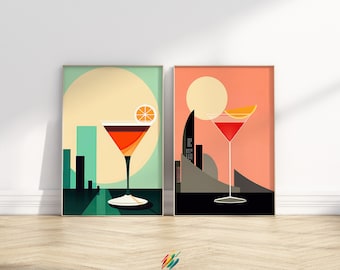 2 Piece Wall Art Set, Vintage Cocktail Print, Art Deco Print, Bar Kitchen Dining, Cityscape Art Decor, Unframed A4 A3 A2 A1 US Sizes