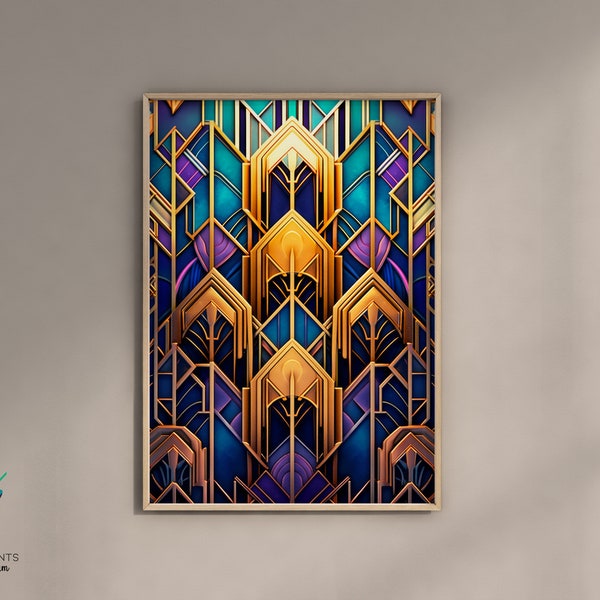 Blue Purple Gold Modern Art Deco Print, Warm Jewel Tones Stylish Art Deco Poster, Top Trending Wall Art, Unframed A4 A3 A2 A1 US Sizes