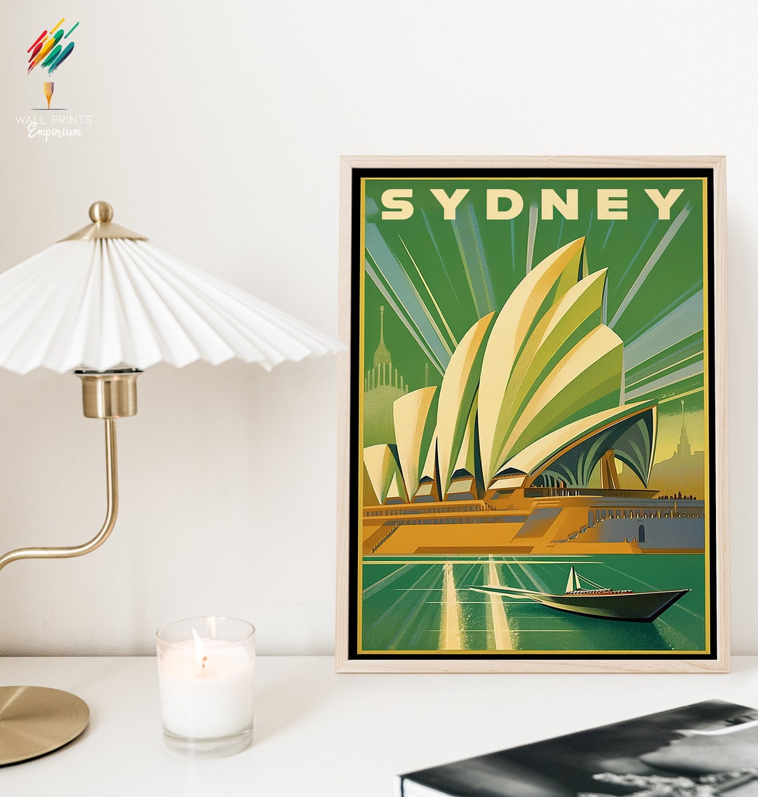Sydney Opera House Wall Decor, Green and Gold Art Deco Print, Sydney