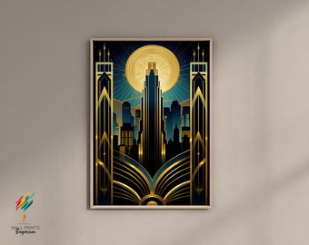 Print At Home, Blue And Gold Art Deco Poster, New York Skyline Wall Art, Art Deco City SkyLine Art, Art Deco Print, Art Deco Printable