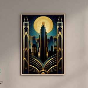 Blue And Gold Art Deco Poster, New York Skyline Wall Art, Art Deco City SkyLine Art, Art Deco Print, Unframed A5 A4 A3 A2 A1 US Sizes