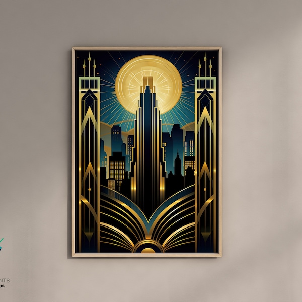 Blue And Gold Art Deco Poster, New York Skyline Wall Art, Art Deco City SkyLine Art, Art Deco Print, Unframed A5 A4 A3 A2 A1 US Sizes