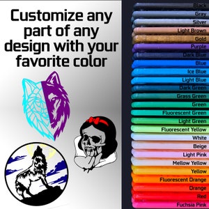 May include: Three different designs for customizable vinyl decals. The designs include a wolf howling at the moon, a wolf head with geometric patterns, and a skull with a red bow. The designs can be customized with a variety of colors, including black, gray, silver, light brown, gold, purple, dark blue, blue, ice blue, light blue, dark green, grass green, green, fluorescent green, light green, fluorescent yellow, white, beige, light pink, mellow yellow, yellow, fluorescent orange, orange, red, and fuchsia pink.