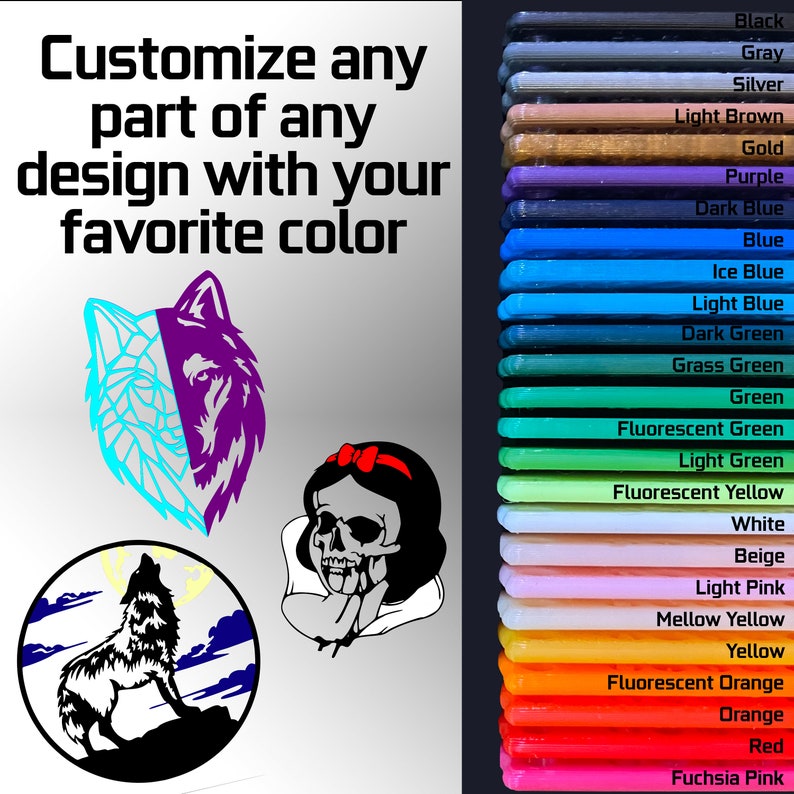 May include: Three different designs for customizable vinyl decals. The designs include a wolf howling at the moon, a wolf head with geometric patterns, and a skull with a red bow. The designs can be customized with a variety of colors, including black, gray, silver, light brown, gold, purple, dark blue, blue, ice blue, light blue, dark green, grass green, green, fluorescent green, light green, fluorescent yellow, white, beige, light pink, mellow yellow, yellow, fluorescent orange, orange, red, and fuchsia pink.