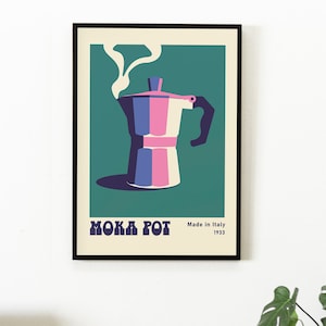 May include: A vintage-style poster featuring a colourful illustration of a moka pot with steam rising from the spout. The poster has a teal background and the text "MOKA POT Made in Italy 1933" in a retro font.