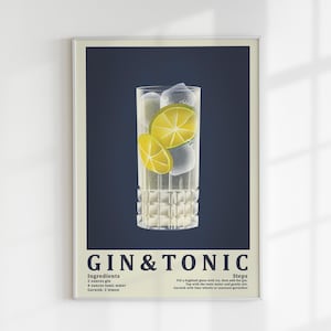 Gin & Tonic Print, Retro Cocktail Printable Wall Art, DIGITALE DOWNLOAD, Bar Cart Wall Art, Cocktail Illustratie Poster, Bar Cart Decor