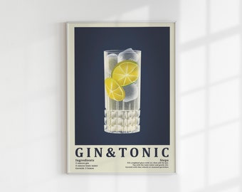 Gin & Tonic Print, Retro Cocktail Printable Wall Art, DIGITAL DOWNLOAD, Bar Cart Wall Art, Cocktail Illustration Poster, Bar Cart Decor
