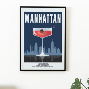 マンハッタン カクテル ポスター、カクテル アート プリント、キッチン デコレーション、クリスマス ギフト、夜の街、カクテル プリント
