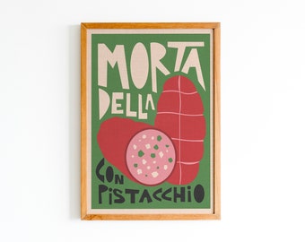 Impresión de mortadela, arte de alimentos, cartel de cocina retro, moderno de mediados de siglo, decoración de cocina, regalo de inauguración de la casa