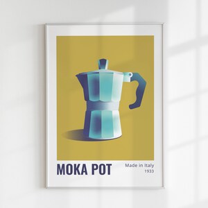 May include: A blue and silver moka pot on a yellow background. The text "MOKA POT" and "Made in Italy 1933" is printed below the pot.