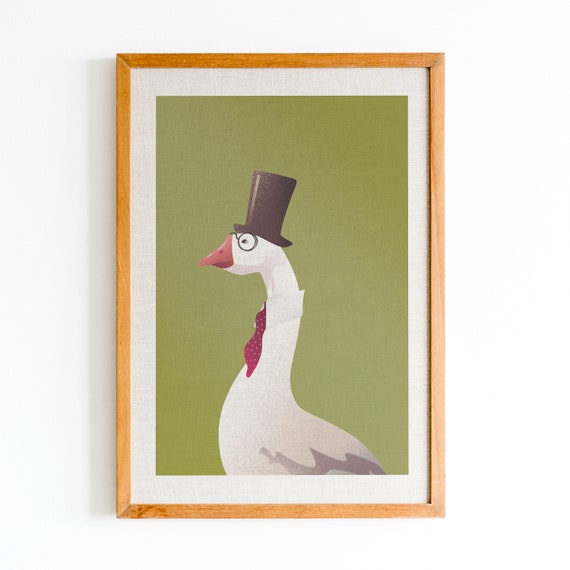 Cute poster with goose, goose with hat, digital print poster for kids room, stylish modern poster, wall decor
