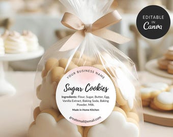 Etiqueta editable de comida casera, etiqueta de galletas de azúcar de la Ley Casera, etiqueta de comida imprimible, etiqueta de ingredientes de panadería casera, pegatinas de panadería casera para galletas
