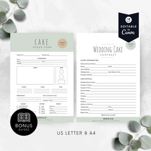 May include: Editable wedding cake order form and contract templates in a light green and white color scheme. The forms include sections for client information, cake details, order details, and payment information. The text "Editable in Canva" is in a white box with a green checkmark icon.