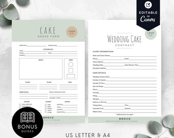 May include: Editable wedding cake order form and contract templates in a light green and white color scheme. The forms include sections for client information, cake details, order details, and payment information. The text "Editable in Canva" is in a white box with a green checkmark icon.