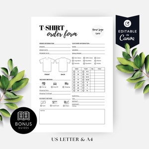 Op de afbeelding: Een zwart-wit printbaar T-shirt bestelformulier met secties voor bestelgegevens, klantgegevens, verzendmethode, betaalmethode en notities. Het formulier bevat ruimte voor een logo en is bewerkbaar in Canva.