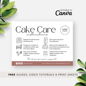 モダンなケーキのお手入れラベル、ケーキのお手入れ方法の指示カードの印刷、ケーキのお手入れガイド、ベーカリーの顧客向けメモ、Canva 編集可能なカード テンプレート BB052