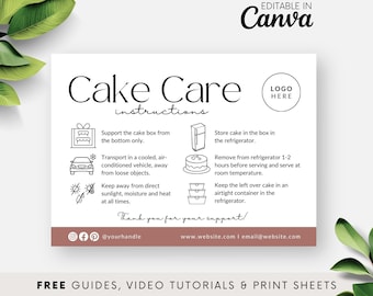 Étiquette moderne d'entretien des gâteaux, carte d'instructions d'entretien des gâteaux imprimable, guide d'entretien des gâteaux, note client boulangerie, modèle de carte modifiable Canva BB052