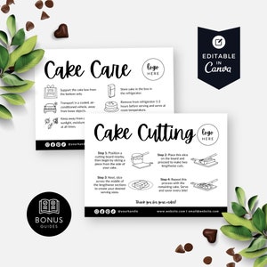 Op de afbeelding: Zwart-witte geillustreerde gids met instructies over hoe je een taart moet verzorgen en snijden. De gids bevat tekst zoals "Cake Care", "Cake Cutting" en "Bonus Guides".