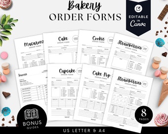 May include: Black and white printable bakery order forms for macarons, cake, cookies, cupcakes, cake pops, and strawberries. The forms include fields for customer information, order details, and payment information. The forms are designed to be used with Canva and are available in US Letter and A4 sizes. There are 8 pages in total.