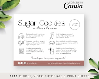 Zuckerkeks-Pflegekartenvorlage, dekorierte Keks-Pflegeanweisungen zum ausdrucken, bearbeitbarer Royal Icing Care Guide, saubere Bäckereiverpackung BB052