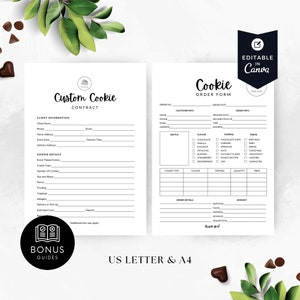 May include: Black and white printable cookie order form template with a contract page and an order form page. The contract page includes sections for client information, cookie details, and estimated cost. The order form page includes sections for customer information, order details, and a sketch area. The template is editable in Canva.