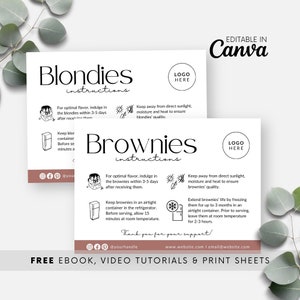 Plantilla minimalista para el cuidado de los brownies, guía editable para el cuidado de los blondies, consejos imprimibles para el almacenamiento de productos de panadería, instrucciones para el cuidado de los pasteles de chocolate BB052
