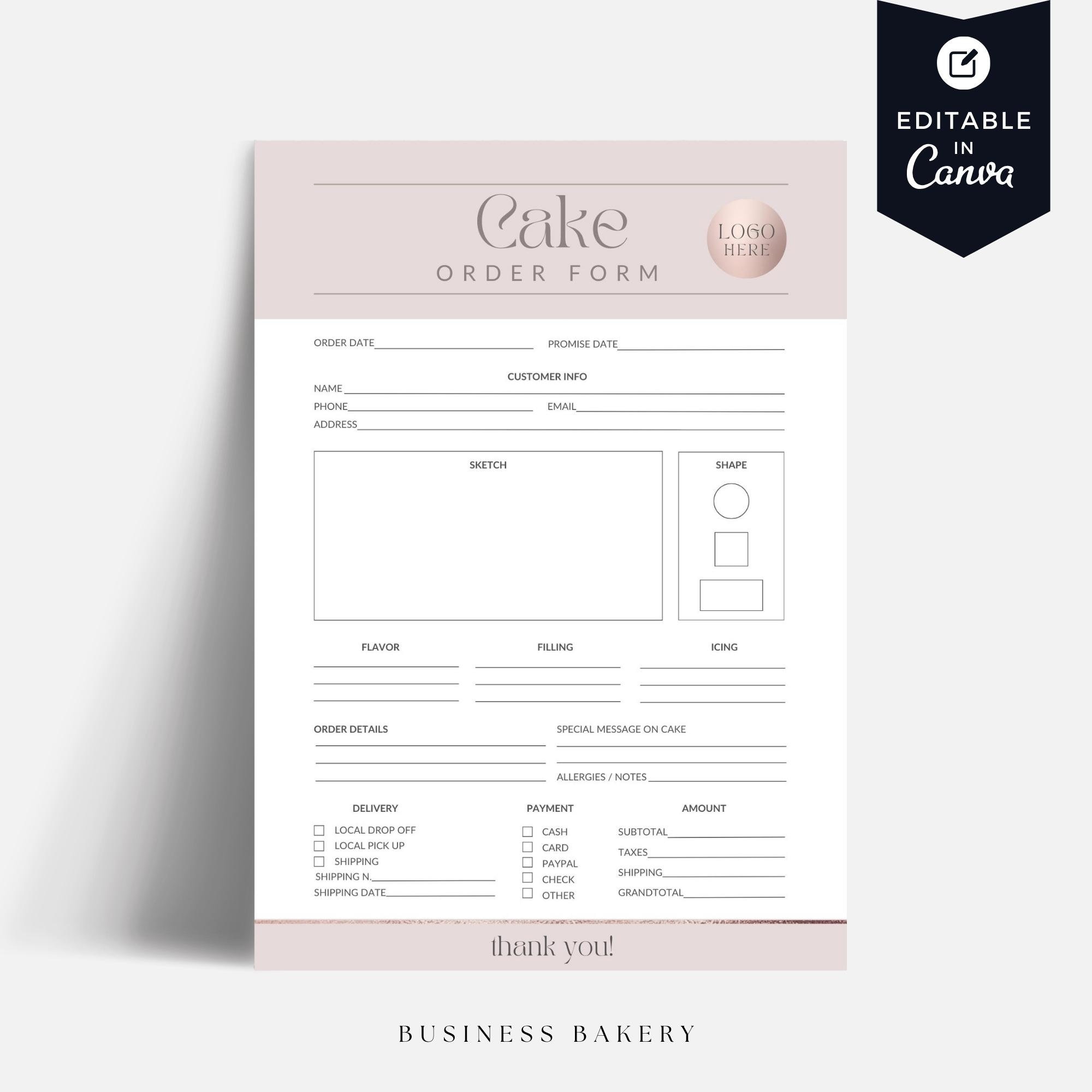Cake Order Sheet Template, Bakery Order Form Editable in Canva, Wedding ...