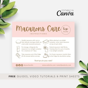 Macaron Care Guide Template, Editable Macaron Care Card, Printable Macarons Instruction Note for Bakery Business Package Insert Peach BB0051