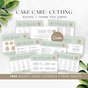 Plantillas de guía de corte y cuidado de pasteles, tarjeta imprimible para el cuidado de pasteles, instrucciones de pastel de bodas, agradecimiento de Canva Cake Business, Boho Earthy BB005
