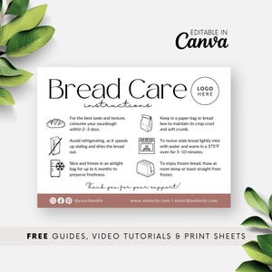 May include: A white and brown bread care instruction card with the text "Bread Care Instructions". The card includes tips on storing and reviving bread, with illustrations of a loaf, freezer, and oven.