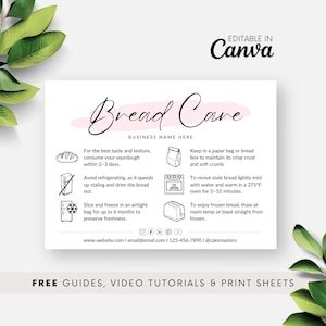 Könnte beinhalten: Eine weiße Karte mit dem Text "Bread Care" in einer Schreibschrift, zusammen mit Tipps und Symbolen zur Brotpflege. Die Karte enthält Anweisungen zur Aufbewahrung, Wiederbelebung und zum Einfrieren von Brot. Der Text "Editable in Canva" steht oben rechts.