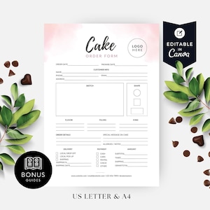 May include: A printable cake order form with a pink watercolor background. The form includes sections for order details, customer information, cake specifications, and payment information. The text "Cake Order Form" is at the top of the form.