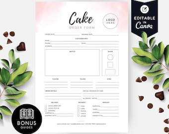 Peut inclure: Un formulaire de commande de gâteau imprimable avec un fond aquarelle rose. Le formulaire comprend des sections pour les détails de la commande, les informations du client, les spécifications du gâteau et les informations de paiement. Le texte "Cake Order Form" est en haut du formulaire.