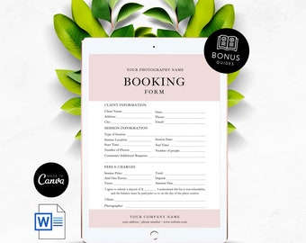 May include: A pink and white digital tablet with a booking form for photography services. The form includes sections for client information, session information, fees and charges, and a space for the photographer's signature. The text on the tablet reads "Your Photography Name Booking Form".