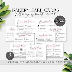 Cartes d'entretien aquarelle pour boulangerie, carte d'instructions d'entretien des gâteaux, lot de modèles de boulangerie maison, étiquette d'entretien pour boulanger, guide d'autocollants pour biscuits, BB046