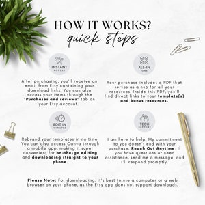 May include: A white background with black text explaining how to access and edit digital templates. The text includes the phrases "Instant Access", "All-in-One", "Edit in Minutes", and "Tech Support".